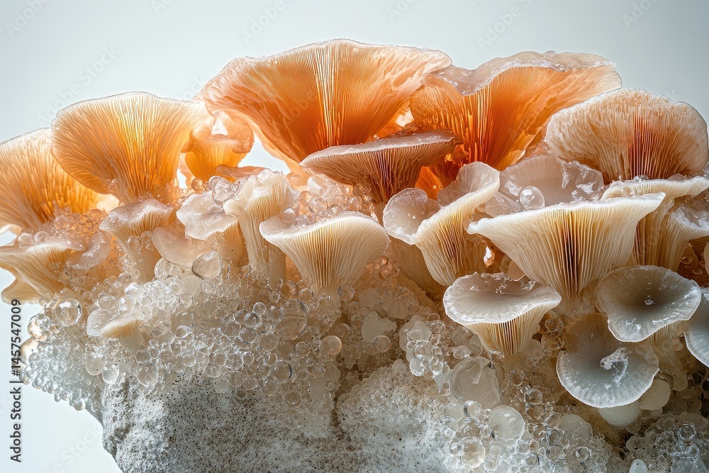 Poster beautiful cluster of orange-tinted mushrooms growing in a natural setting, showcasing intricate gill