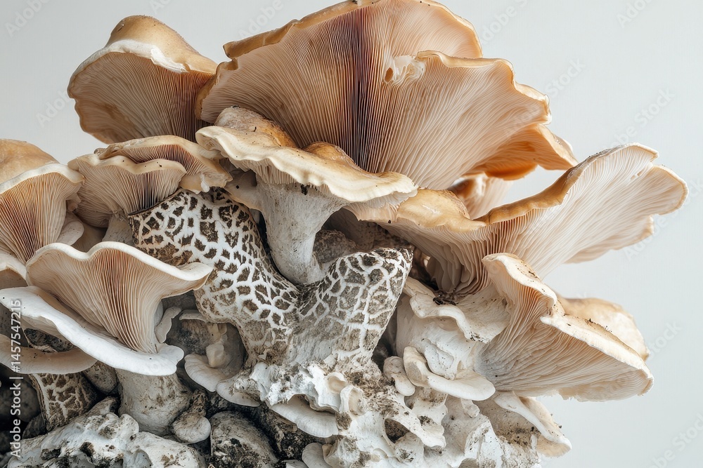 Poster beautiful cluster of orange-tinted mushrooms growing in a natural setting, showcasing intricate gill