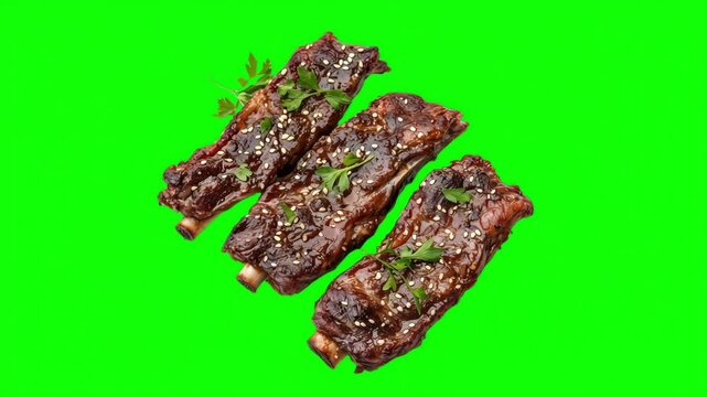 Delicious succulent ribs garnished with herbs and sesame on a bright green screen background for impactful presentation