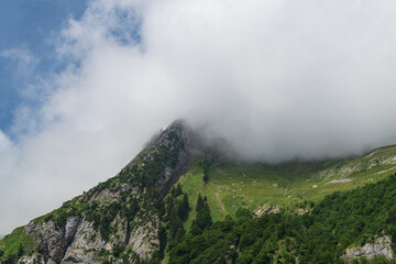 Mountain peak surrounded by clouds and lush greenery captures the serene beauty of nature in clear...