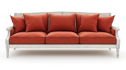 Fototapeta premium Classic, light-colored wooden couch with burnt orange cushions. Detailed padded seat and back cushions