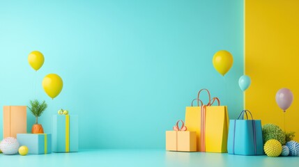 Fototapeta premium Gifts shopping bags balloons festive background