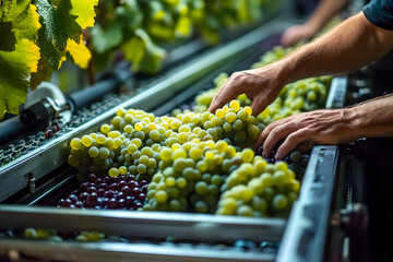 Close-up of a worker's hands sorting fresh grapes on a conveyor belt in a vineyard, preparing for wine production or packaging.