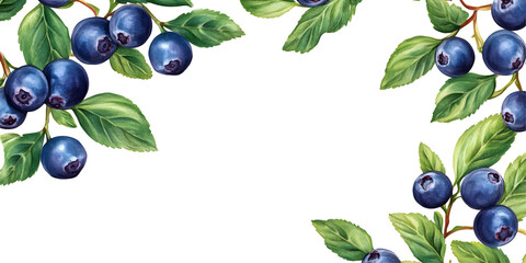 Fresh blueberries with green foliage on black background for vibrant design