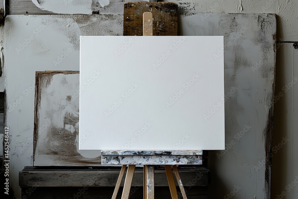 Poster blank canvas on easel in an artist's studio setting ready for creative work and inspiration for pain