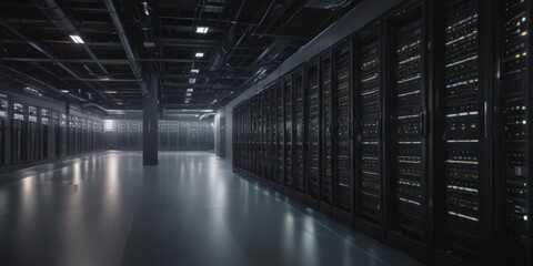 Fototapeta premium Rows of humming servers in a modern data center, internet, high-tech, cybersecurity