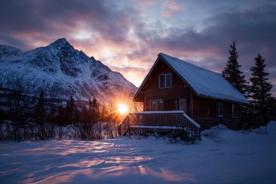 A breathtaking winter sunset casts a golden glow over a snow-covered cabin and mountains.