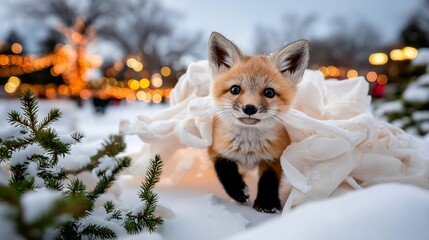 Obraz premium Adorable baby fox in snowy wonderland. A small, reddish-orange fox pup nestled within a snowy, white blanket, amid a winter scene of twinkling lights and snow-covered evergreens