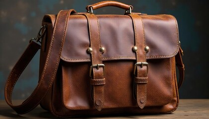 Brown leather satchel, worn texture, handles visible, white background, satchel, accessory