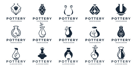 mega collection of pottery logo. greek pottery ceramic clay vases silhouettes, Modern illustration.