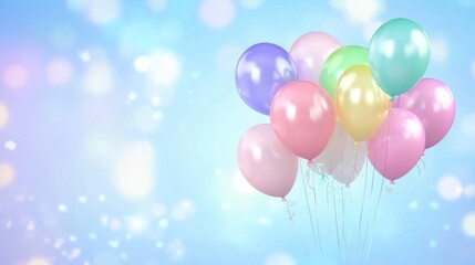 Pastel balloons floating on light blue bokeh background