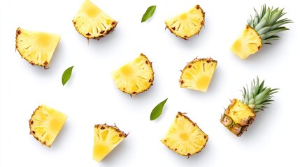 Fresh pineapple slices and whole pineapples flatlay