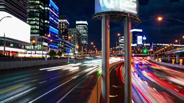 A nighttime cityscape features a timelapse green screen billboard on the waterfront amidst passing traffic, accompanied by a vertical lightbox with chroma key and streetlights reflecting off the