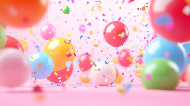Colorful balloons and confetti on pink background