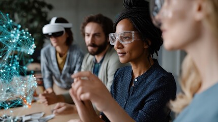 A diverse group of individuals engaging in a virtual reality meeting wearing headsets and interacting with holographic displays symbolizing the evolution of remote work and collaboration.