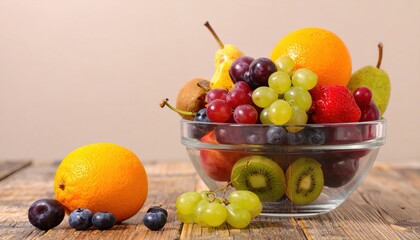 A vibrant assortment of blueberries, grapes, kiwi, strawberries, and an orange fills a glass bowl atop a weathered wooden surface.