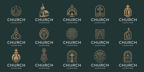 set of church logo vector. minimal Jesus Christ Cross. line style concept Christian Church Community