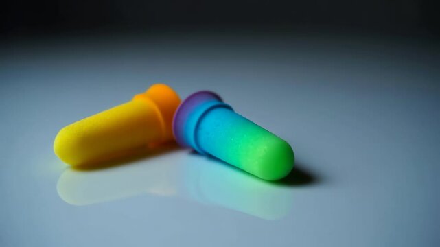 Close-up of two colorful foam ear plugs lying on a smooth, reflective surface, suitable for sleep aid commercials or noise reduction product demos