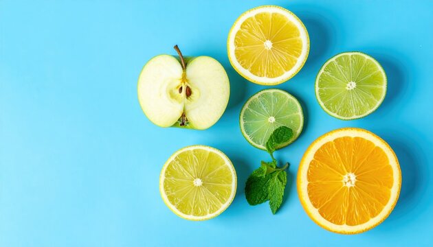 Sliced oranges, a halved apple, and lemon wedges with mint leaves create a vibrant, fresh, and colorful fruit arrangement on a bright blue surface.