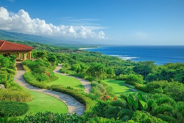 Colorful tropical garden walkway leading to oceanfront villas under a clear blue sky on a sunny day
