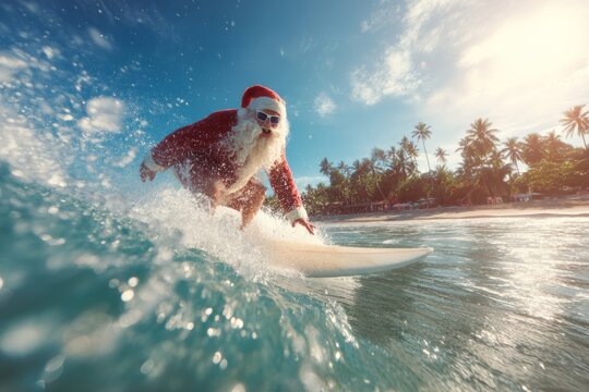 Santa Claus enjoys surfing the waves on a beautiful beach under a bright blue sky.
