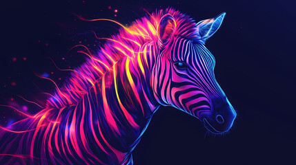 Dazzling neon zebra shining brightly on black background image. [Neon Beasts] | Colorcharge Beast | energy breath. Illustration
