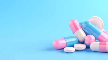 Pink and blue capsules and tablets on light blue background