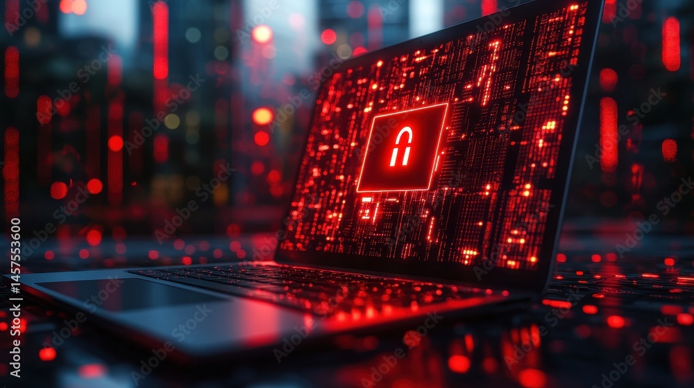 Leinwandbilder Digital security system displayed on laptop screen with glowing red lock icon in a futuristic tech environment