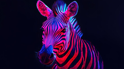 Dazzling neon zebra shining brightly on black background image. [Neon Beasts] | Dayglo Jungle | tropical predator. Illustration