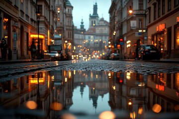 Fototapeta premium Rainy evening street scene, puddle reflections. City buildings and street lights mirrored in a wet roadway