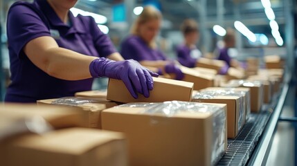 A team preparing express delivery packages at a packing station, Quick Packing, Fast and organized