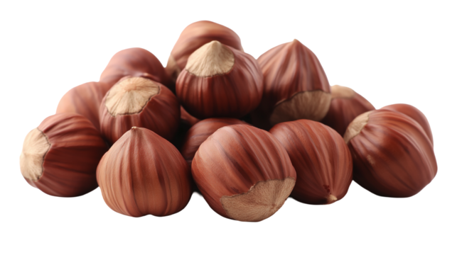 A hazelnut is round and slightly oval, with a smooth, hard shell and a small, tapered tip  isolated on white background or transparent png 

