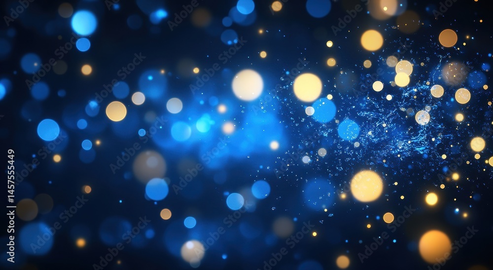 Poster abstract background with blue and gold bokeh lights, glowing particles and a subtle swirling effect