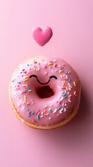 Sweet Pink Icing Donut with Heart Sprinkles: Whimsical Dessert Photography for Celebration Snacking and Children's Party Treats