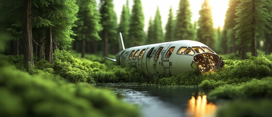 Crashed plane nestled in lush forest greenery near a stream
