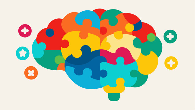 Colorful Brain Spectrum A brain illustration filled with various bright colors and patterns symbolizing the diversity of neurodiverse conditions with small icons representing ADHD