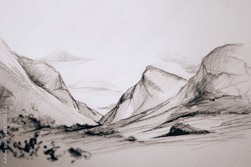 Poster Mountain Landscape Sketch Showcasing Soft Pencil Technique With Minimal Shading in a Serene Environment Generative AI