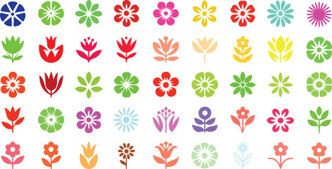 Colorful vector illustration of various stylized flower icons in diverse shapes and hues, perfect for spring themes, botanical designs, decorations, crafts, and nature-related graphics