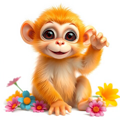 Obraz premium Adorable Cartoon Golden Monkey Sitting with Flowers