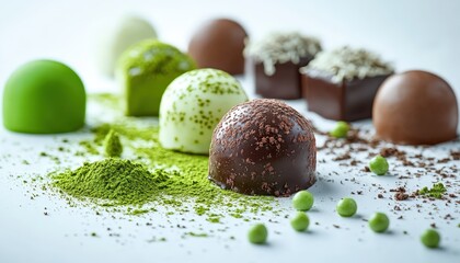 Delicious assortment of artisanal chocolate squares displayed neatly on a white surface in a bright setting, perfect for dessert lovers and chocolate enthusiasts