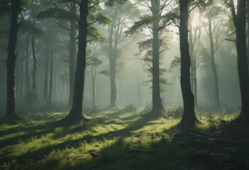 Obraz premium Unfocused, hazy green forest, subtle light and shadow, natural, background, plants