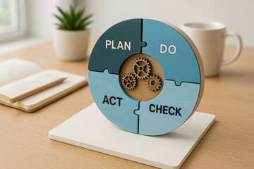 Colorful puzzle-style wooden disk illustrating the PDCA quality control cycle with internal gears symbolizing interconnected process mechanisms..