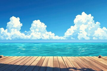 Obraz premium Sunny beach scene, wooden pier extending into a vibrant turquoise ocean, with fluffy white clouds against a clear blue sky. A peaceful and idyllic coastal view