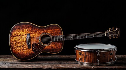Naklejka premium Acoustic Guitar and Snare Drum Still Life Photography