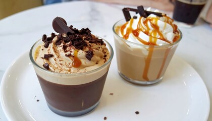 Two chocolate mousse desserts, topped with whipped cream, caramel drizzle, and chocolate shavings, sit on a white plate, evoking a decadent treat.