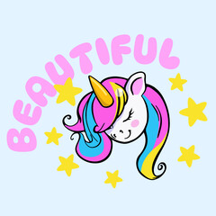 Smiling Unicorn print with the text: Beautiful, and stars, isolated. Children's colorful print, poster, elememt for design of clothing, textiles, rooms.
