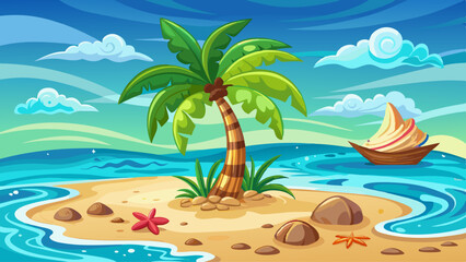 Fototapeta premium Lone palm stands proudly on a sandy islet, surrounded by turquoise waves and scattered seashells