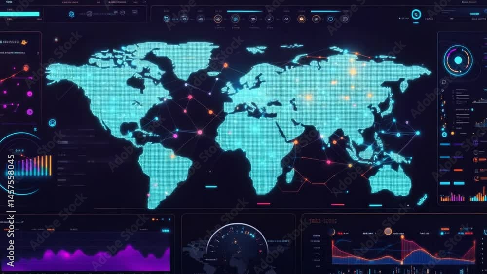 Aufkleber global network visualization: futuristic digital world map interface