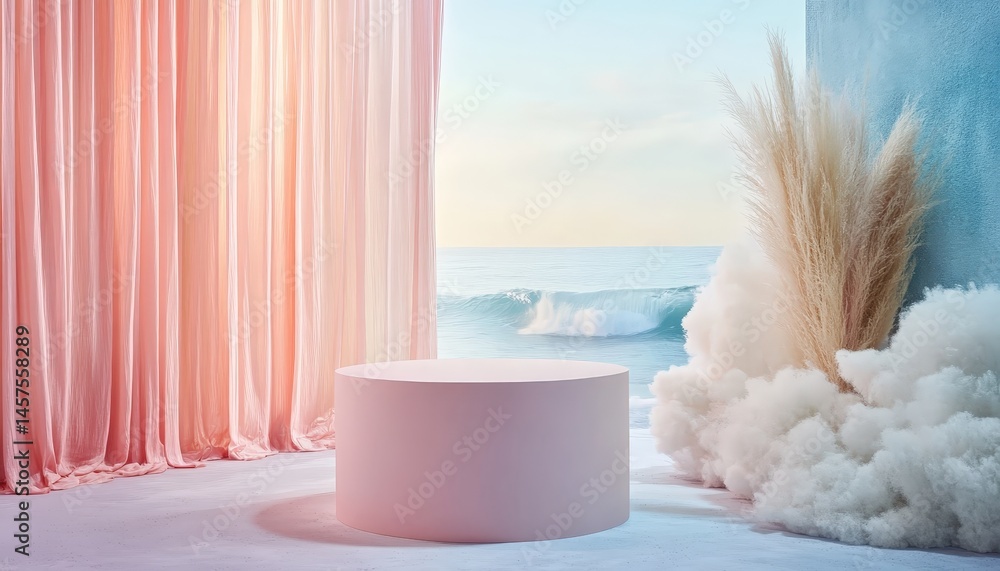 Aufkleber Minimalist floral display on a circular stand with soft pastel background creating a serene and calming atmosphere