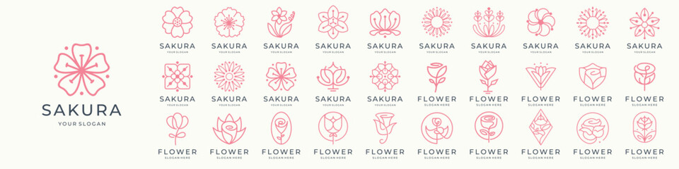 mega collection Floral blossom logo and icon. Abstract beauty flower line Pink flowers minimalist.
